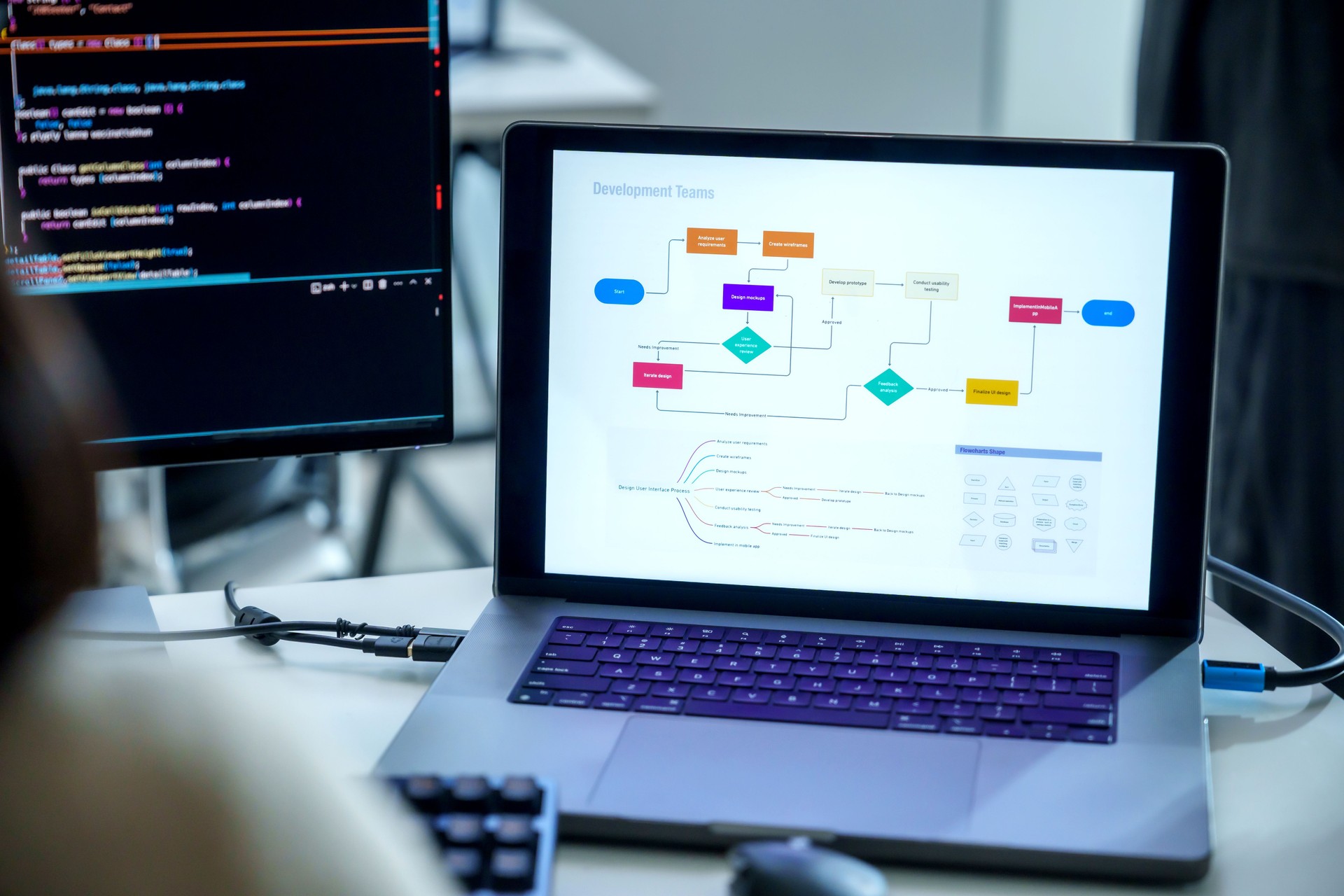 software developer reviews UX/UI design diagrams while coding at a workstation